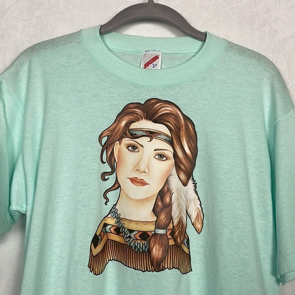 Tops - Vintage Women's Single Stitch T-shirt, Native Indian Woman, Mint‎ Green, Size L